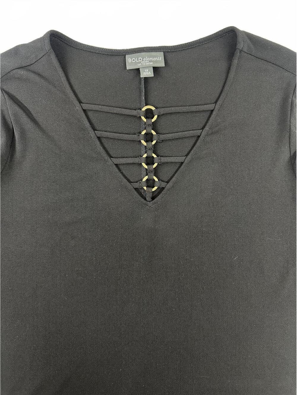 Bold Elements Black Cut to Curve V Neck Top with Strap and Ring Detail - Picture 4 of 8